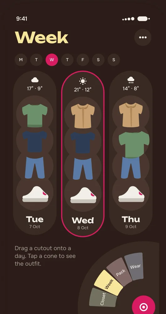 The Week screen in dark mode: a walnut-brown ground with the Week title in butter yellow and the same three outfit cones.