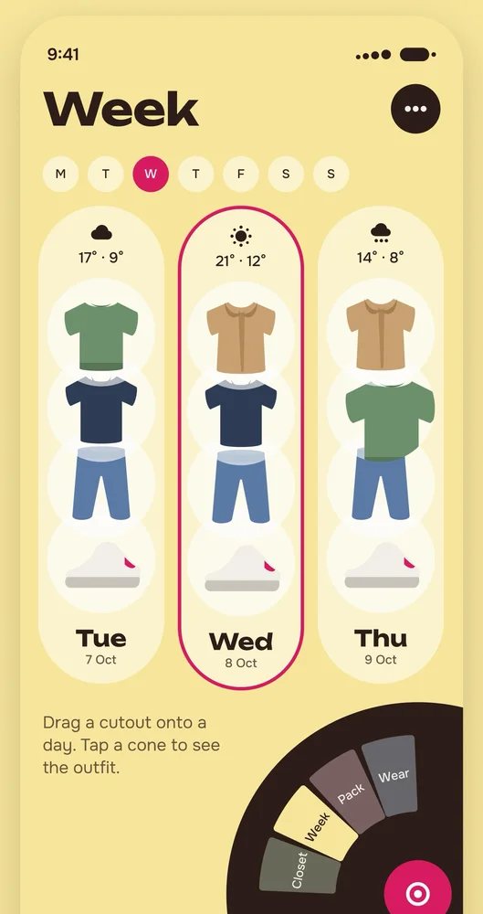 Drape’s Week screen on a butter-yellow ground: Tuesday, Wednesday and Thursday as tall cones, each stacked with a top, trousers and sneakers, the weather and high and low temperatures at the tip. Wednesday has a raspberry rim. The Scoop dial sits bottom right.