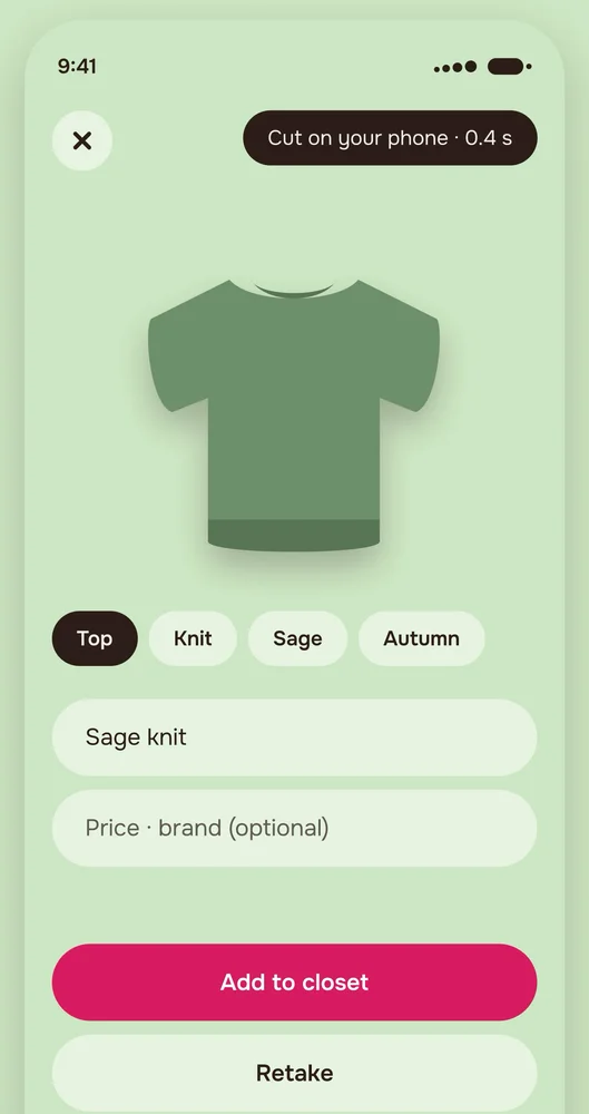 The cut screen on a pistachio-green ground: a sage knit top lifted off its photo as a cutout, with tag pills Top, Knit, Sage and Autumn, a name field, and an Add to closet button.