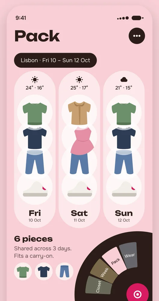 The Pack screen on a blush-pink ground for a Friday to Sunday trip: three cones of outfits, and a summary reading 6 pieces, shared across 3 days, fits a carry-on.