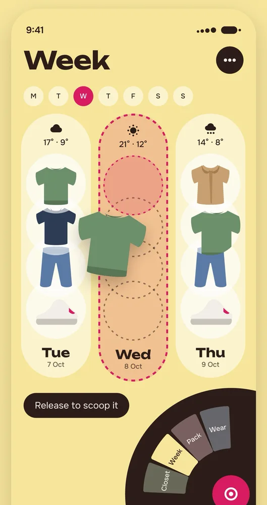 A green top being dragged onto Wednesday’s empty cone, which shows dotted scoop outlines and a Release to scoop it hint.